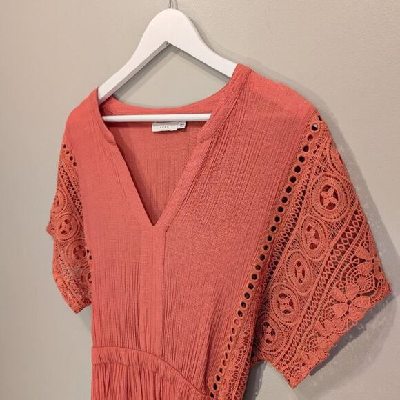 LUSH Coral Lace Midi Dress CottageCore BeachCore Brunch Spring Summer - Size M - Picture 3 of 6
